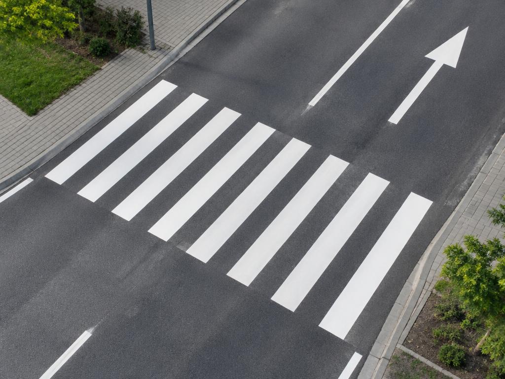 Białe pasy przejścia dla pieszych i strzałka kierunkowa na drodze